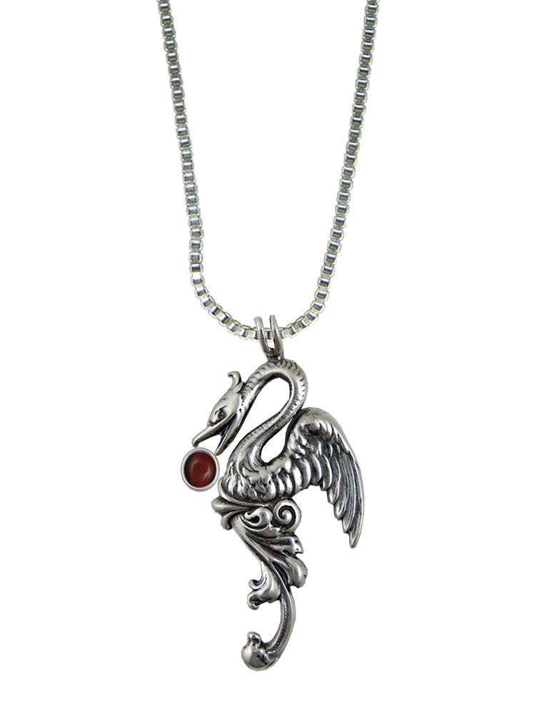 Sterling Silver Medieval Phoenix Sun Bird Pendant With Red Tiger Eye